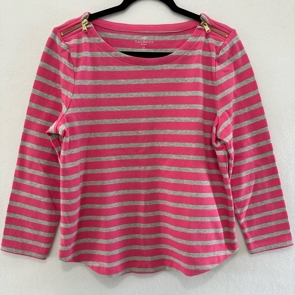 2 for $26 Talbots Pink Gray Stripe Scoop Neck Tee Large Petite - Picture 1 of 6